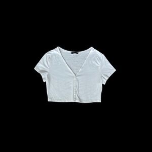 Women's Shein Button Front Crop Top-Short Sleeve-White-Size L